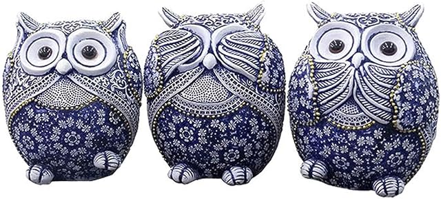 juanxian 3 Owl Figurines Decor See No Evil Hear No Evil Speak No Evil Cute Owl Statue Crafted Animal Sculpture Ornament for Home Office Tabletop Blue | W4397