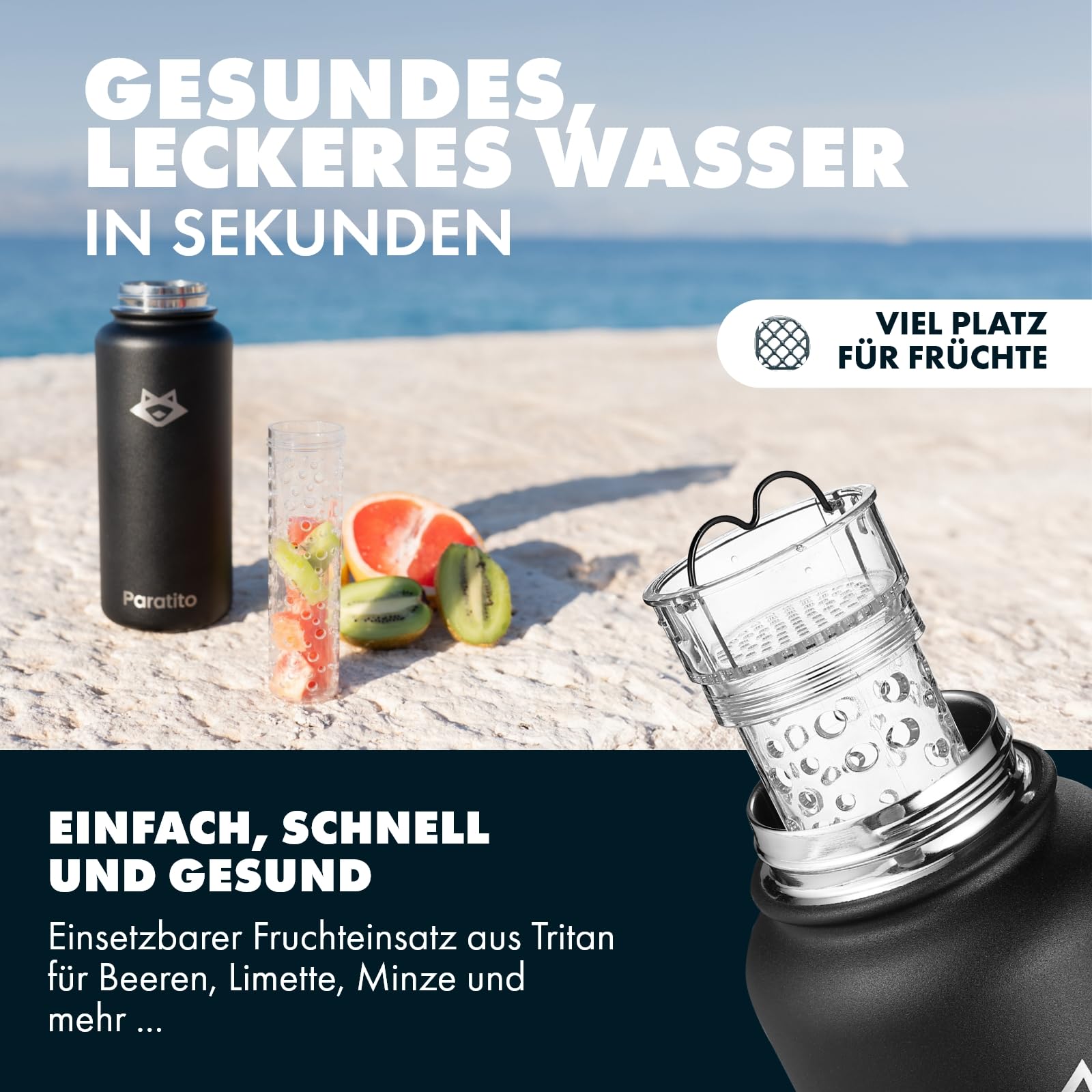 Trinkflasche isoliert mit Fruchteinsatz 1L, Isolierflasche Edelstahl, auslaufsicher, für Wasser mit Geschmack, Kohlensäure geeignet, spülmaschinenfest (Frucht Bundle Schwarz)