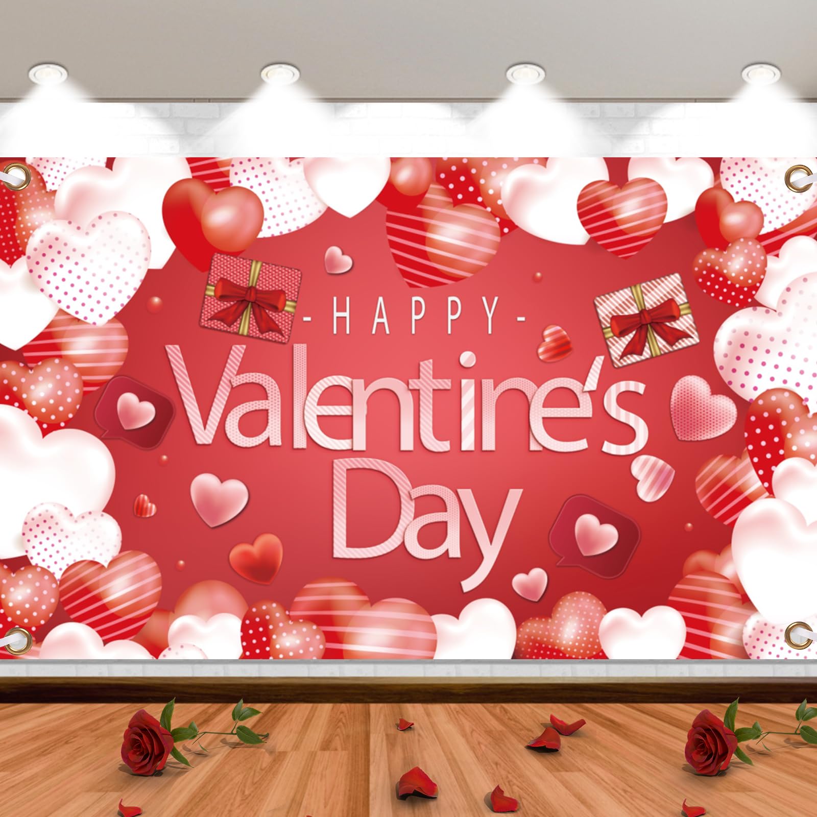 Iridsmole Happy Valentine's Day Banner, Red & Pink Heart Valentine's Day Background, 180cm*110cm, Polyester Fabric, Includes Banner & Ribbon