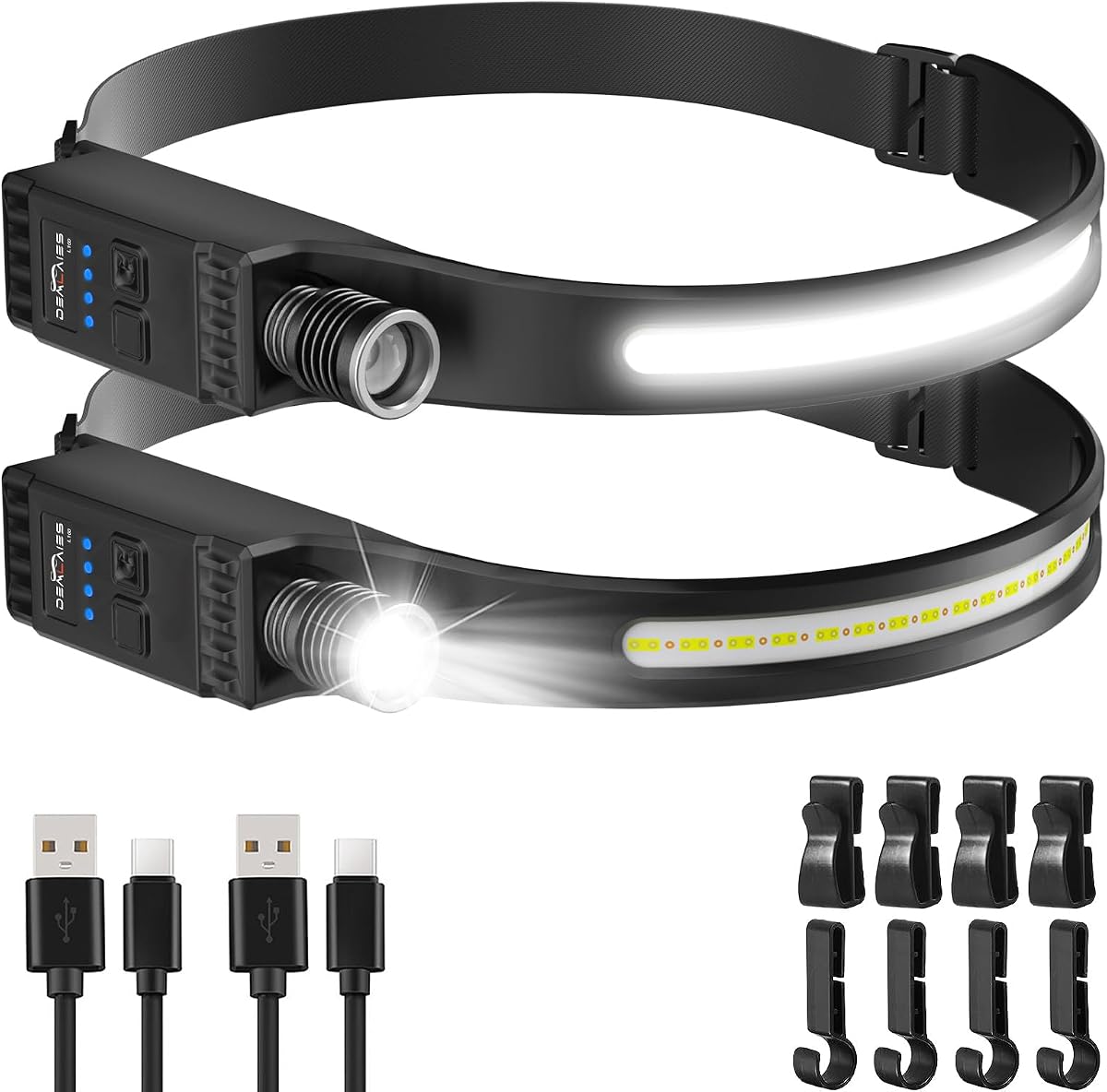 Headlamp Rechargeable with Red Light, 2 Pack Super Bright 230° Wide Beam Head Lamp, 30 Hrs Runtime, 8 Modes Waterproof Lightweight Headlights for Camping Running Fishing