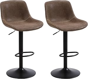 Bar Stools Set of 2, Swivel Counter Height Barstools with Back, Adjustable Modern Bar Chairs, Tall Armless PU Leather Kitchen Island Stool, Brown, 8005DBR