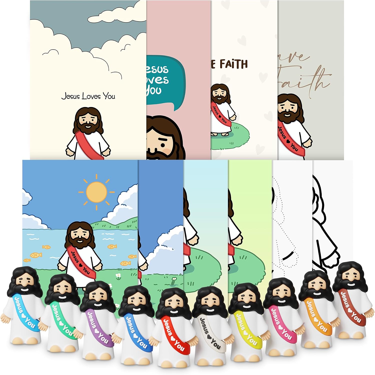 HALOA. Little Jesus Figures Bulk 100 Pack - Mini Jesus Loves You Figures with 10 Assorted Colors, Digital Coloring Pages, Wallpapers - Religious Party Favors, PVC Plastic Miniature Religious Figurines