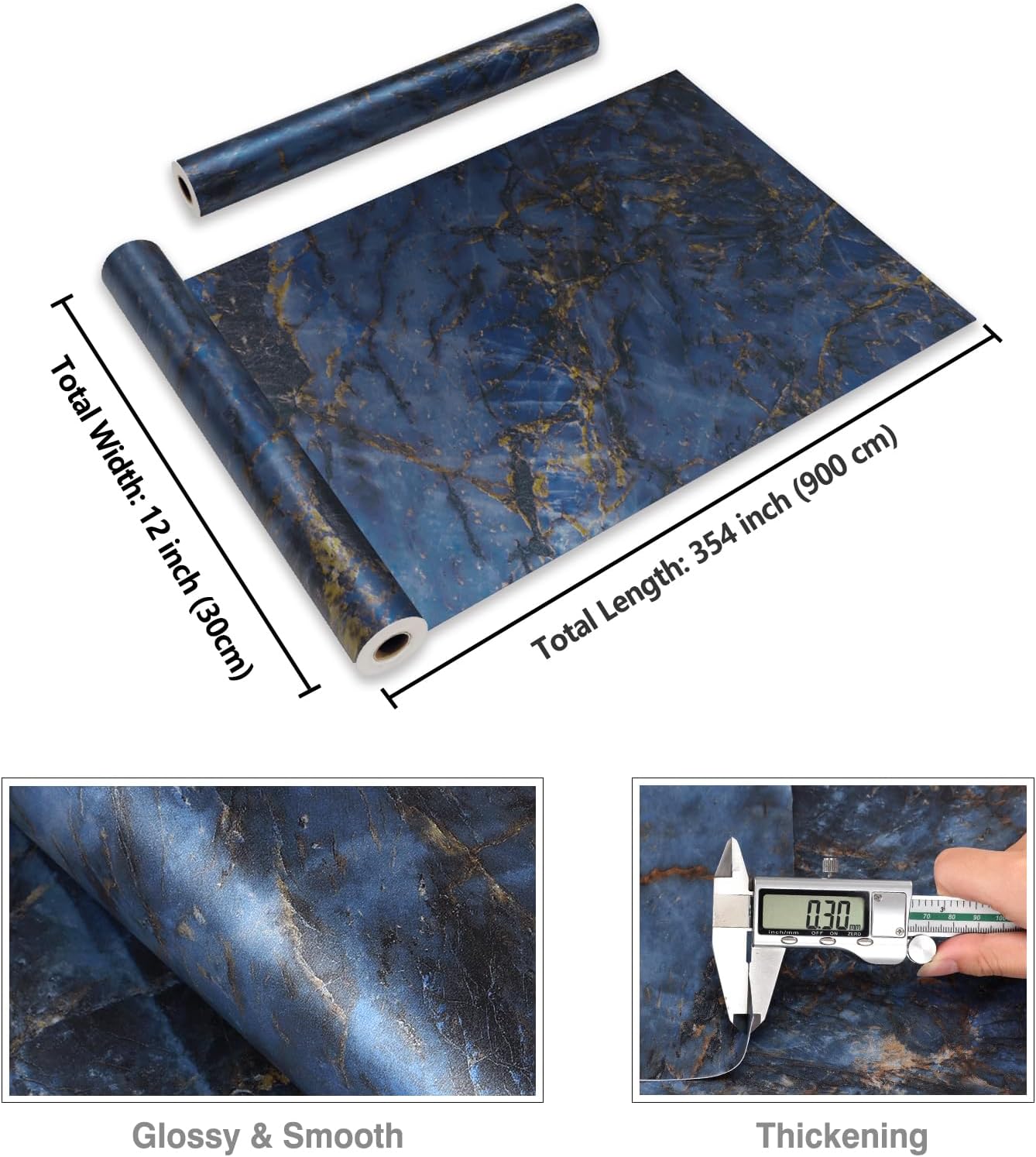 CRE8TIVE Luxury Blue Gold Marble Countertop Contact Paper Waterproof Thick Marble Wallpaper Peel and Stick Countertops for Kitchen Self Adhesive Blue Contact Paper for Walls Tables Bathroom 12"x354"