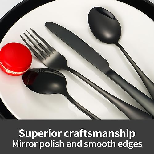 Miniatura 5 de Juego de cubiertos negros de 24 piezas con cuchillos para carne, juego de cubiertos de acero inoxidable negro para 4 vajillas de grado alimenticio,