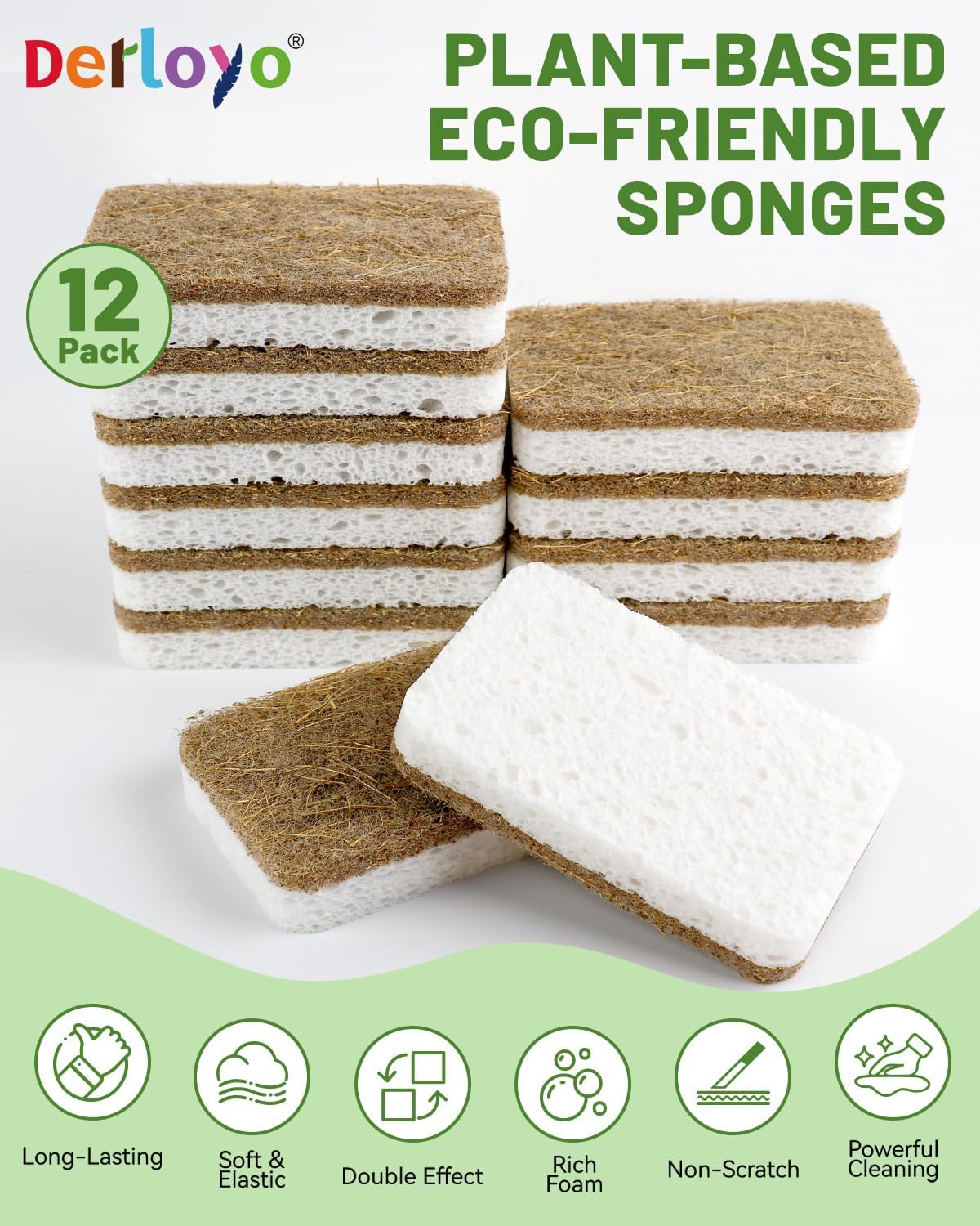Natural Kitchen Sponges-12 Pack, Cellulose & Coconut Scrubber Dish Sponges | Biodegradable, Non-Scratch Cleaning, Plant-based, Compostable, Eco-Friendly, Sponges for Dishes, Pans, Pots