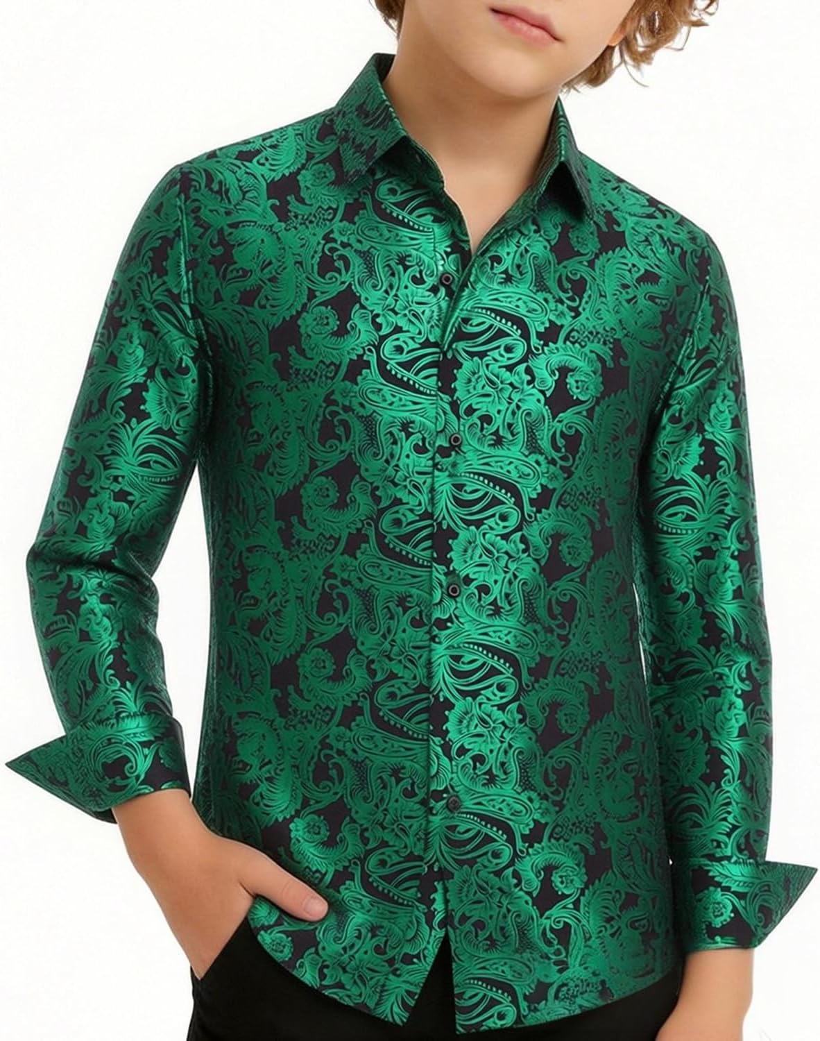 Hi-Tie Boys Shiny Floral Paisley Dress Shirts | luxury metallic print,bright vibrant colors,stretch cotton blend,wrinkle free,great for disco parties stage performance