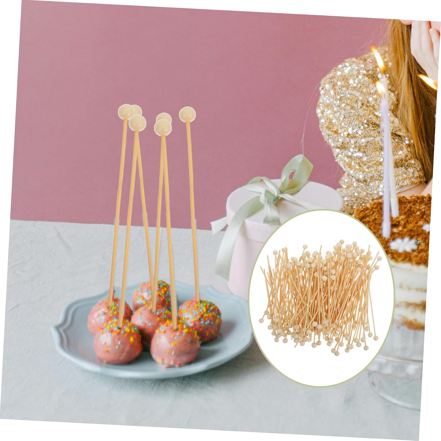 COLLBATH 200pcs Wooden Candy Skewers Unpainted Ball End Sticks for DIY Marshmallow Lollipops and Drink Stirring for Weddings Parties and Desserts