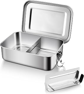 E-far Stainless Steel Bento Box, Large 1400ml Metal Bento Lunch Box Container, 49oz Leak-Proof Lunch Container with Lids and 2 Removable Dividers, Reusable Meal Storage for Camping Picnic Travel Work
