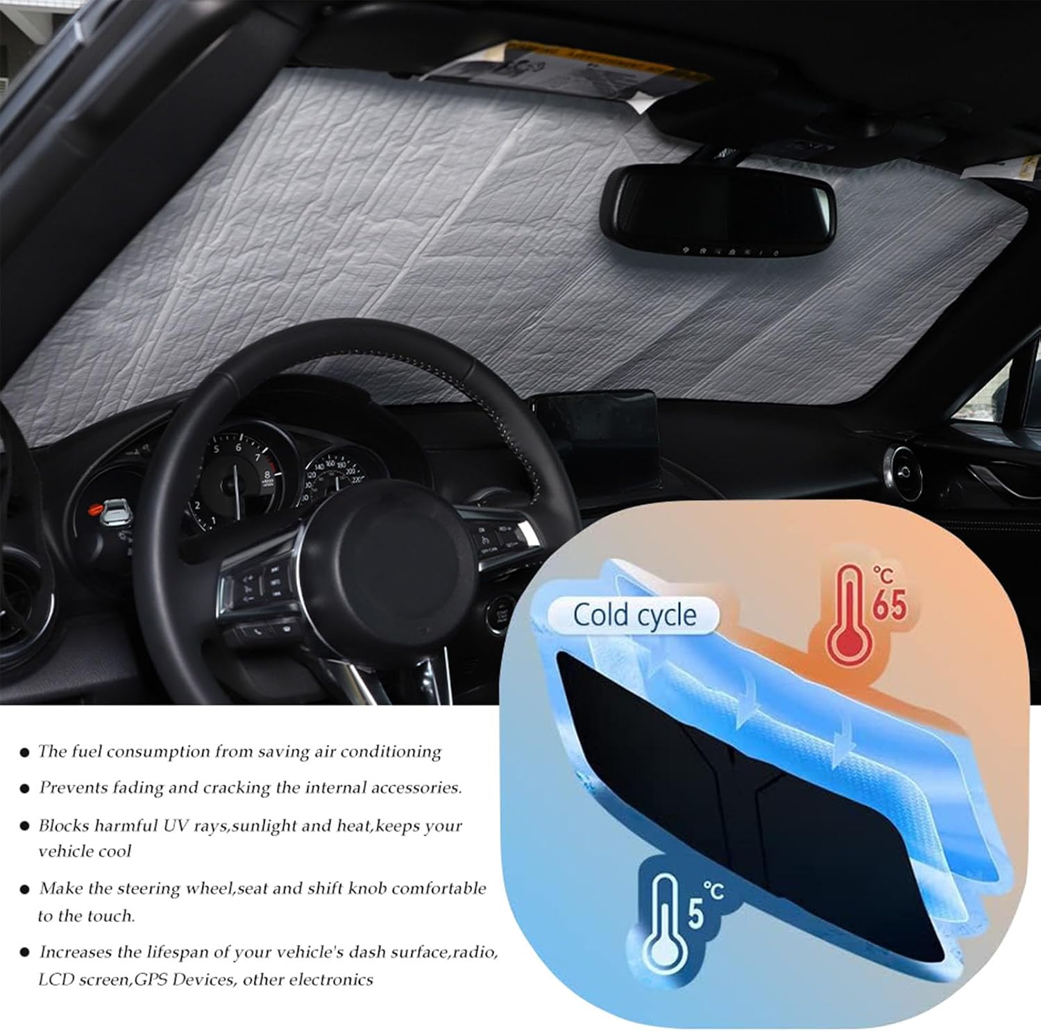 The Original Windshield Sun Shade for Mazda MX-5 ND Fiat Abarth 124 2016 2017 2018 2019 2020 2021 2022 2023 2024 2025+ Car Windshield Reflective Sunshade Protector Sun Shade Accessories (Silver)