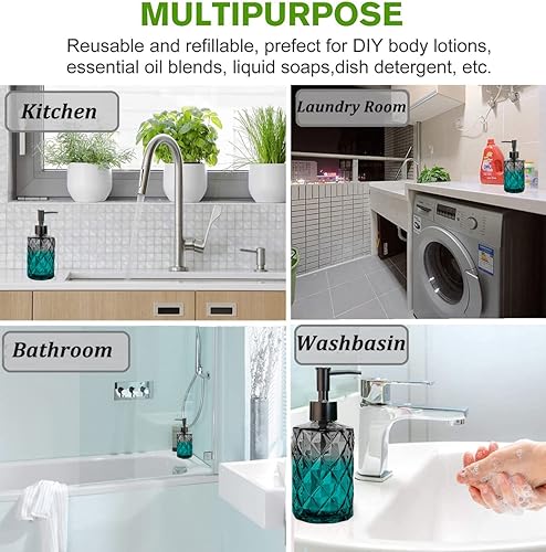 Miniatura 6 de Juego de 2 dispensadores de jabón de vidrio con bomba dorada, dispensador de jabón de manos y platos recargable de 11 onzas para cocina y baño,