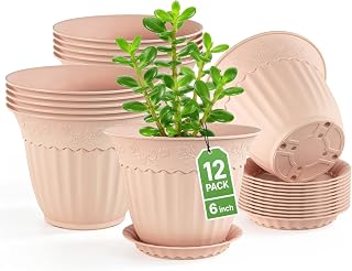ZMTECH 12 Pack 6 Inch Plant Pots with Saucers, Blush Pink Planters | Decorative pink plant pots with drainage holes, matching saucers, embossed design for indoor plants, succulents and herbs.