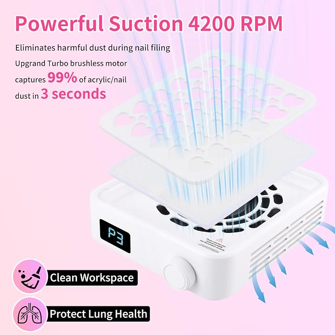 Extractor de polvo para uñas con ventilador de 4200RPM - Aspirador portátil con filtro reutilizable miniatura 4