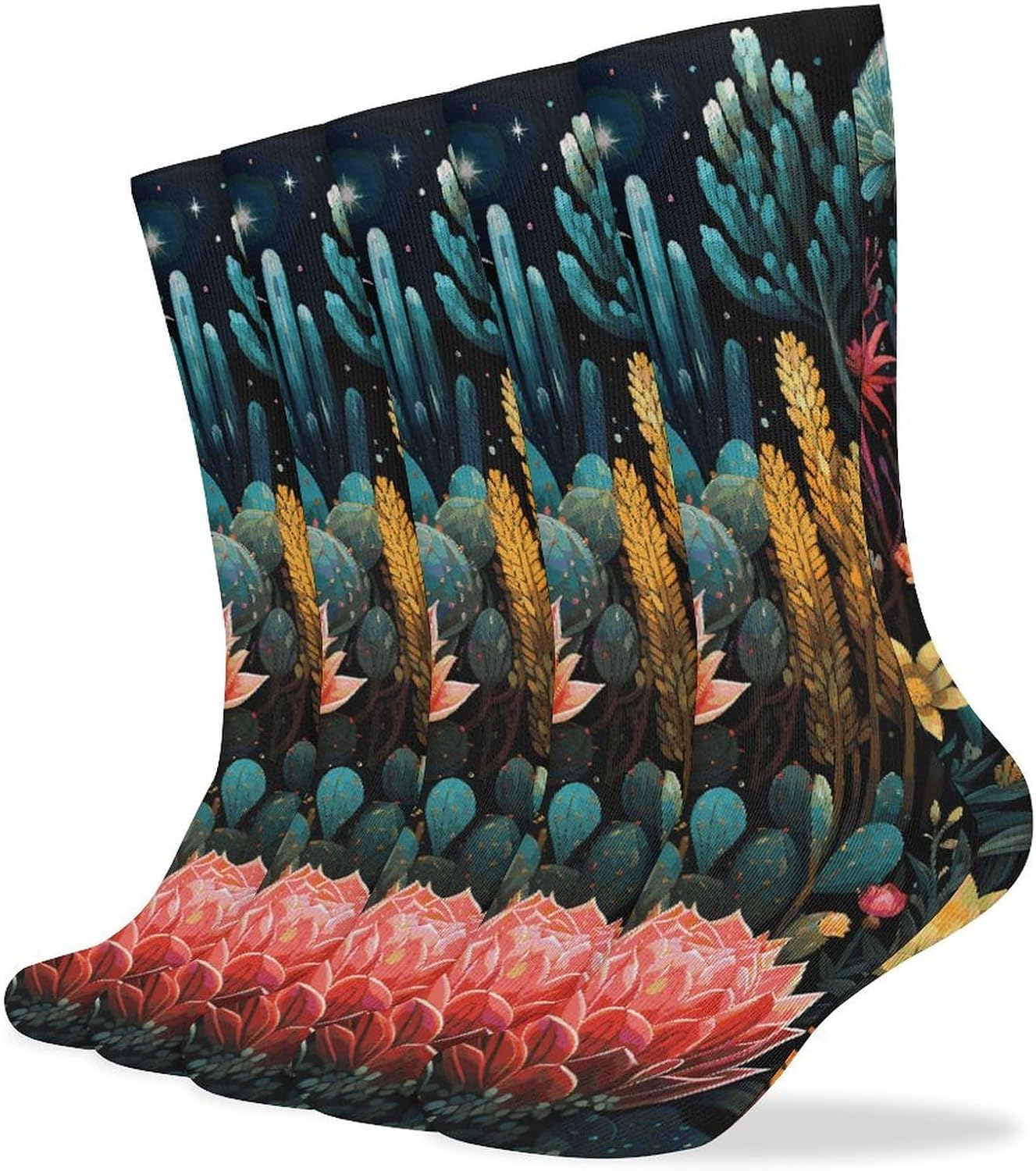 Colorful Cactus Pattern Crew Socks Cozy Casual Calf Socks Lightweight Long Work Sock Breathable Athletic Sock for Hiking Sports Running 5 Pairs