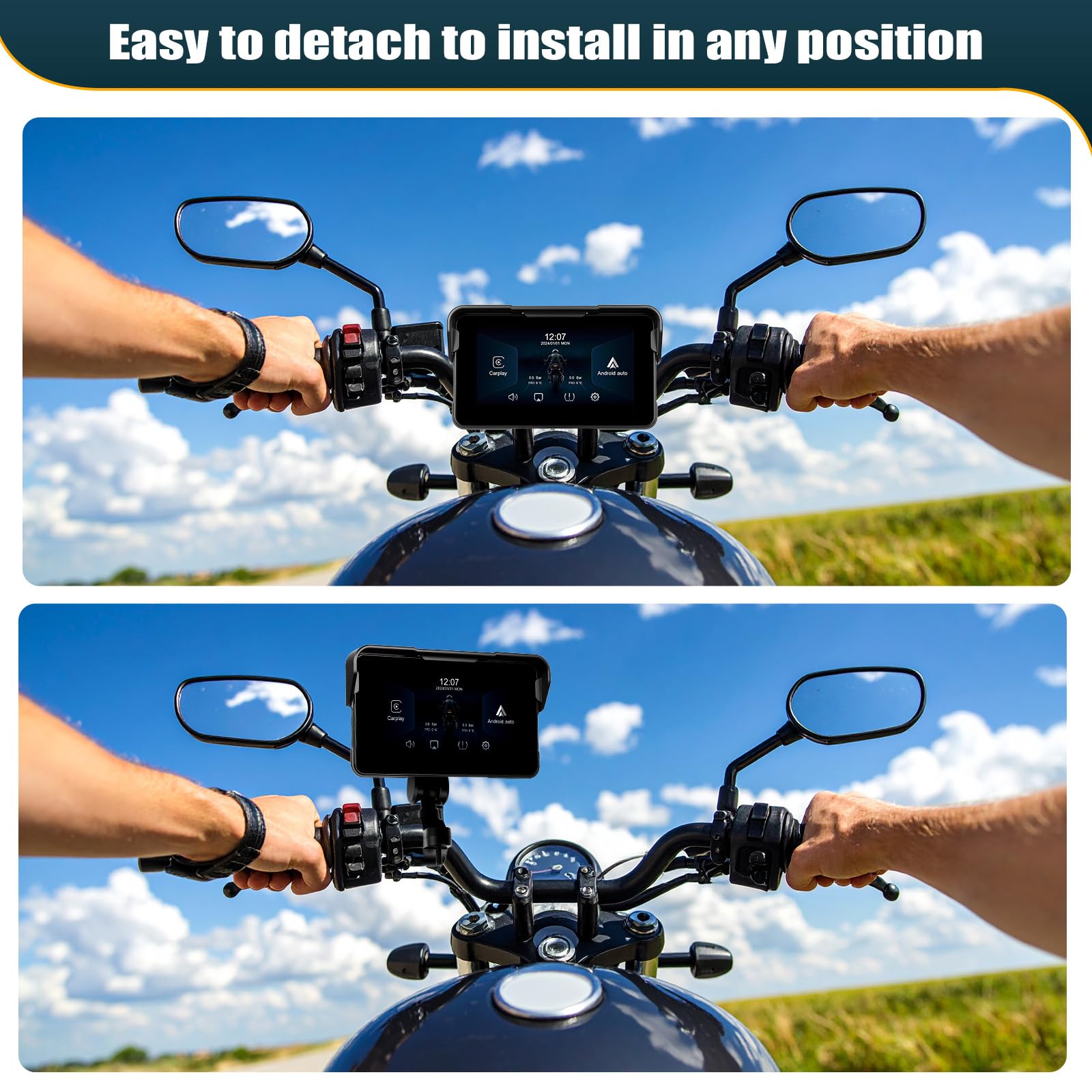 CAMECHO Motorrad Carplay Navi Bildschirm mit Drahtlosem Carplay Android Auto IP68 Wasserdichter Navigationsgeräte, 5 Zoll Touchscreen Bluetooth Display für Motorräder mit Android Cast Airplay