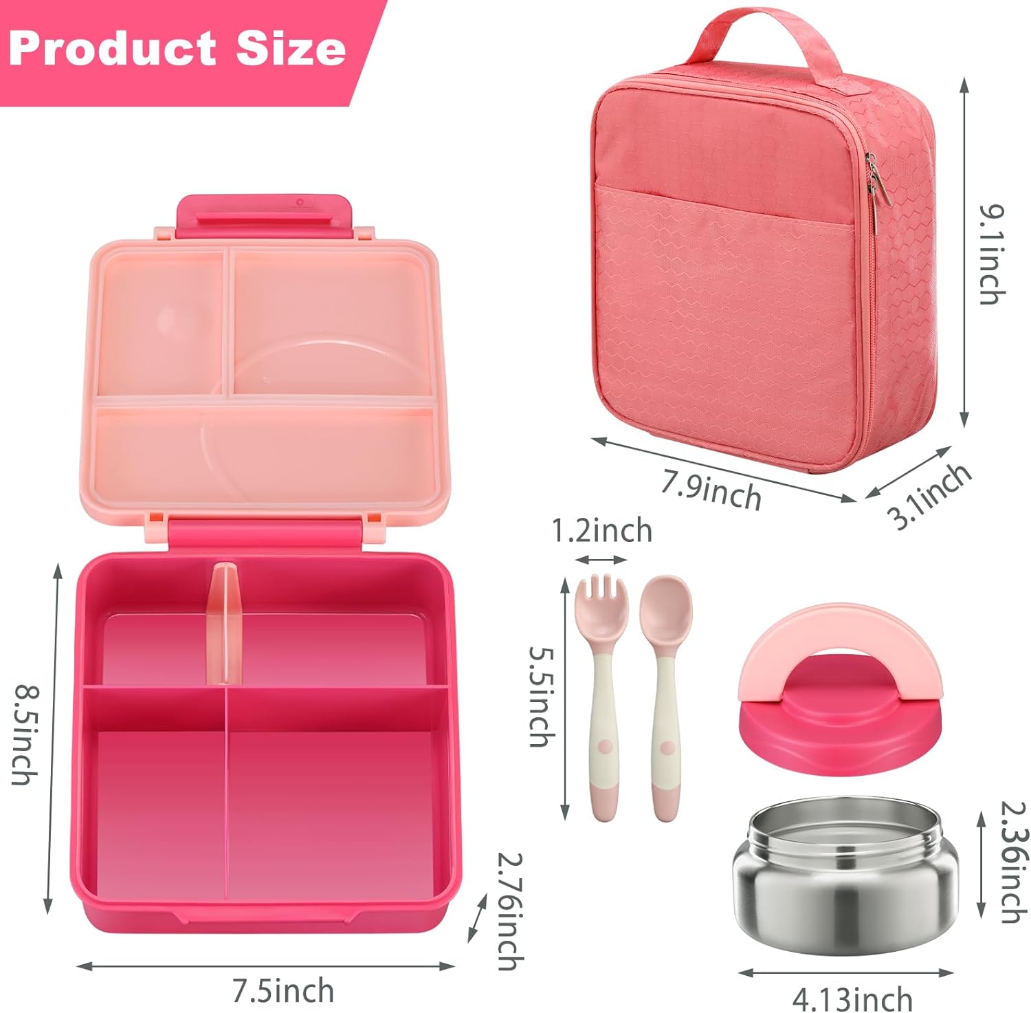 Bento Lunch Box Set for Kids with 8oz Soup Thermo, Leak-Proof Lunch Containers with 4 Compartment, Kids Thermo Hot Food Jar and Insulated Lunch Bag for Kid to School-Pink - Image 6