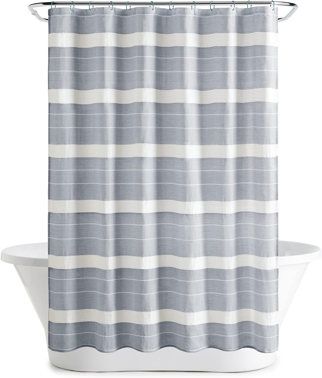 Martha Stewart Adrien Farmhouse Shower Curtain, Neutral Color Striped Design with Pleated Accent, Soft Woven Fabric Shower Curtain Boho Modern Bathroom Décor, Machine Washable 72" x 72", Denim