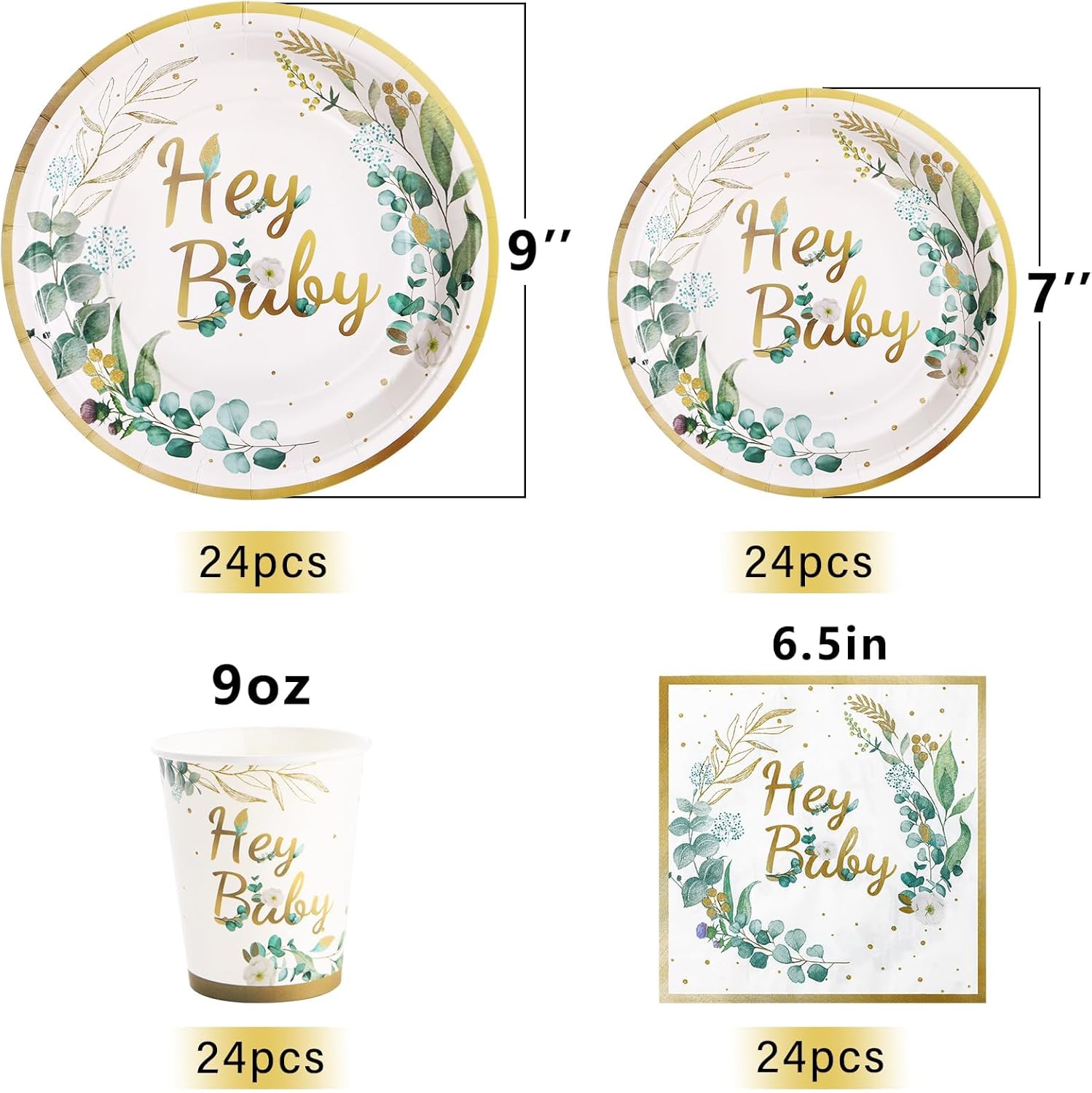 168PCS Sage Green Baby Shower Decorations, Hey Baby Party Plates and Napkins Sets, Green Leaf Paper Plates for Boho Jungle Safari Theme Neutral Party Supplies, Serve 24