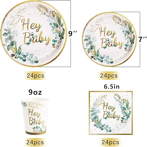 Vista 2 de 168 piezas de decoración verde salvia para baby shower, juegos de platos y servilletas de fiesta Hey Baby, platos de papel de hojas verdes