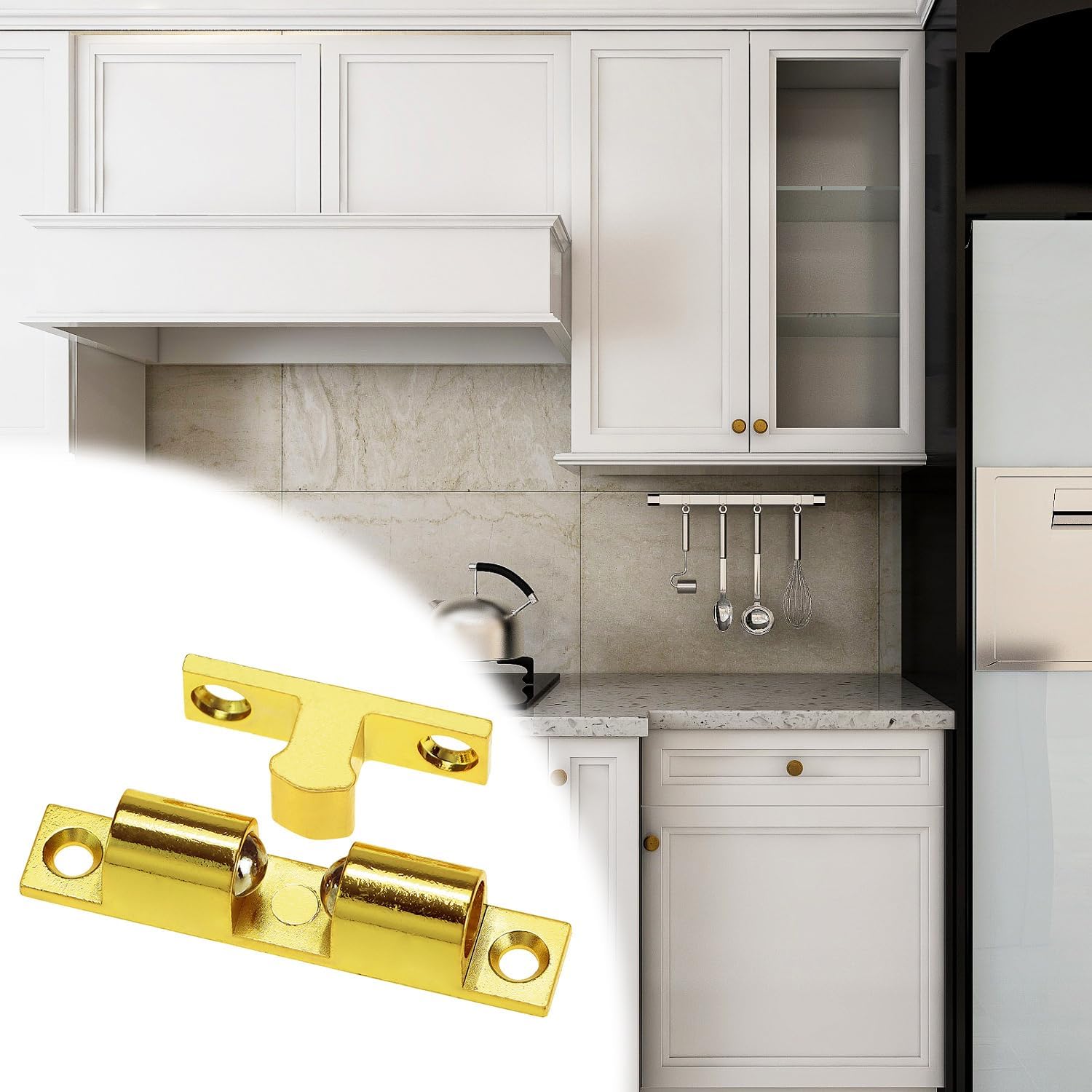QWORK Brass Ball Tension Catch 8 Pack, 70mm Closet/Cabinet Door Catch Latch, Solid Brass Cabinet Catches with Stainless Steel Screws for Kitchen, Bathroom, Bedroom & Closet Doors