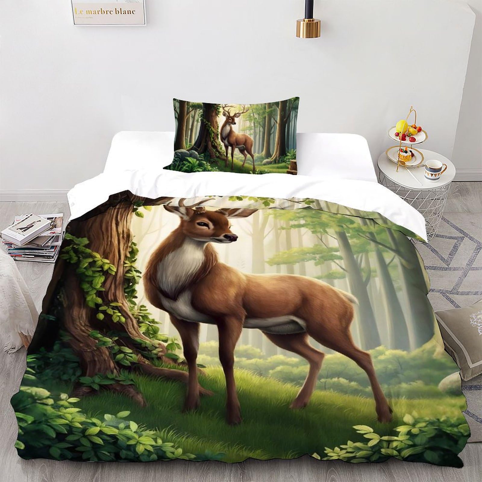 SHOVERKD Stag 3D Printed Quilt Cover Set Bedding 2Pcs Luxury Microfiber Forest Wild Animals with Pillowcases,Hidden Zipper for Boys And Girls Single（135x200cm） Modern Bedroom Decor
