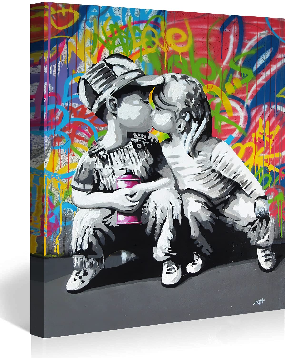 MJEDC Banksy Canvas Wall Art Children Kissing Street Graffiti Art Canvas Prints for Living Room Bedroom Home Decorations Modern Stretched Framed Giclee Artwork 40x60cm(15.7x23.6inch)