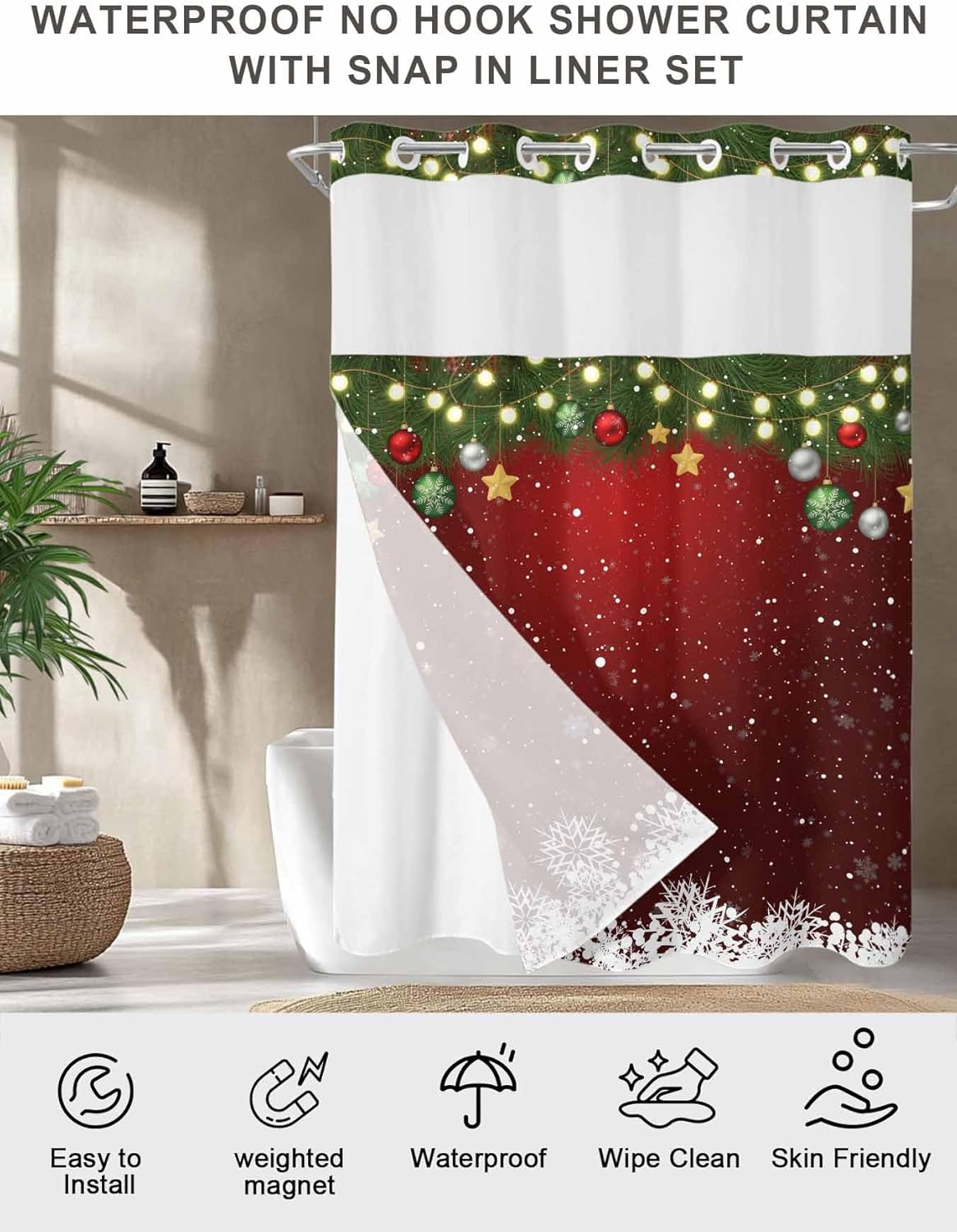 ALAGEO Christmas Shower Curtain with Snap-in Fabric Liner Set Christmas Balls No Hook Shower Curtain with Mesh Top Window Snowflake Pine Needle Shower Curtains Waterproof 36x72inch