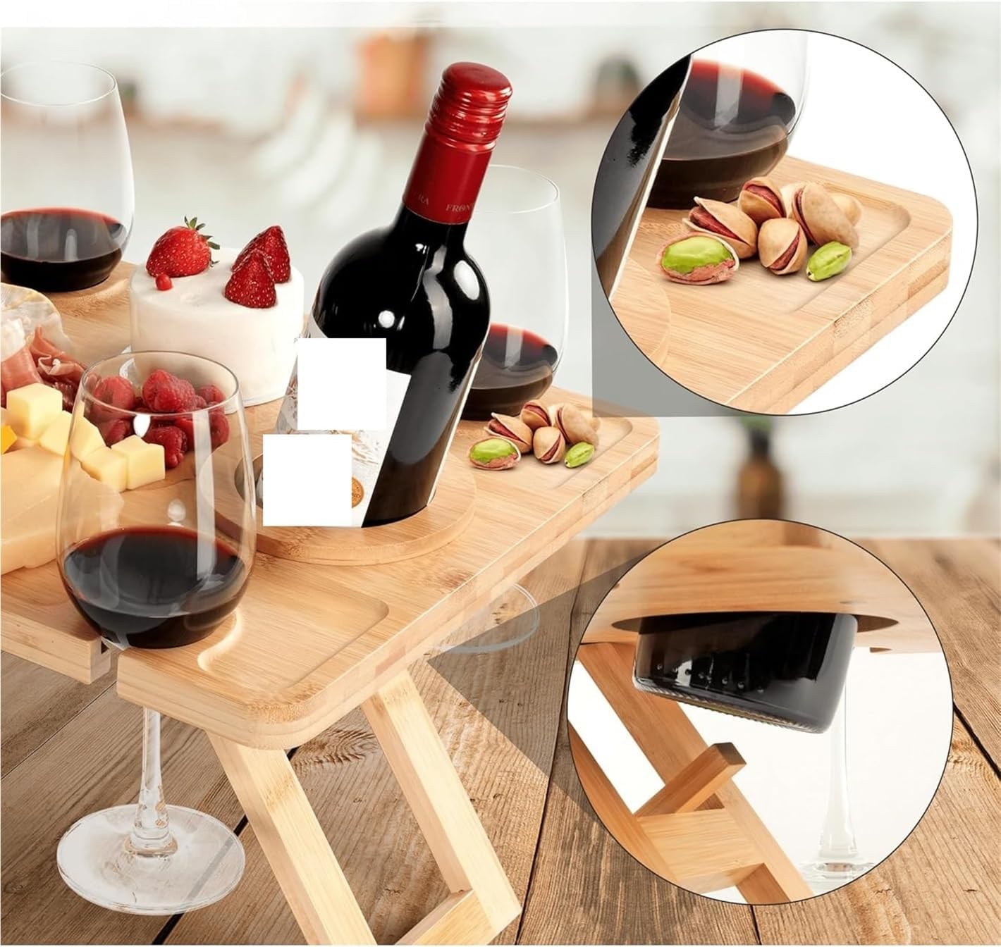 Folding Outdoor Picnic Wine Table, Portable Charcuterie Desk with Wine Glass Holder for Dating Leisure Gatherings