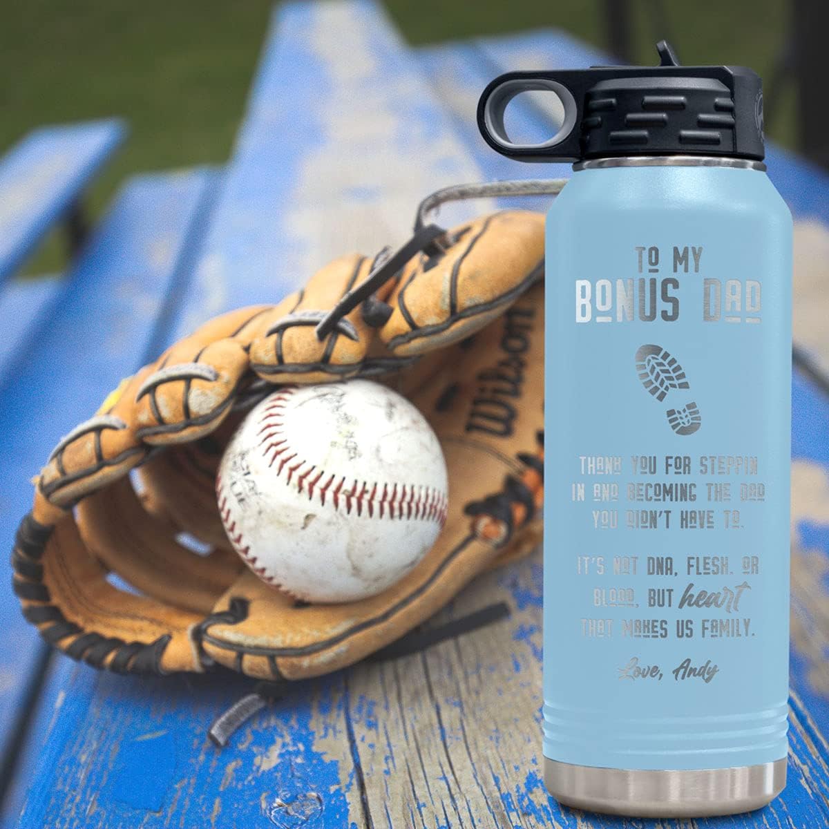 PlaqueMaker Personalized Bonus/Step Dad Water Bottle (Light Blue)
