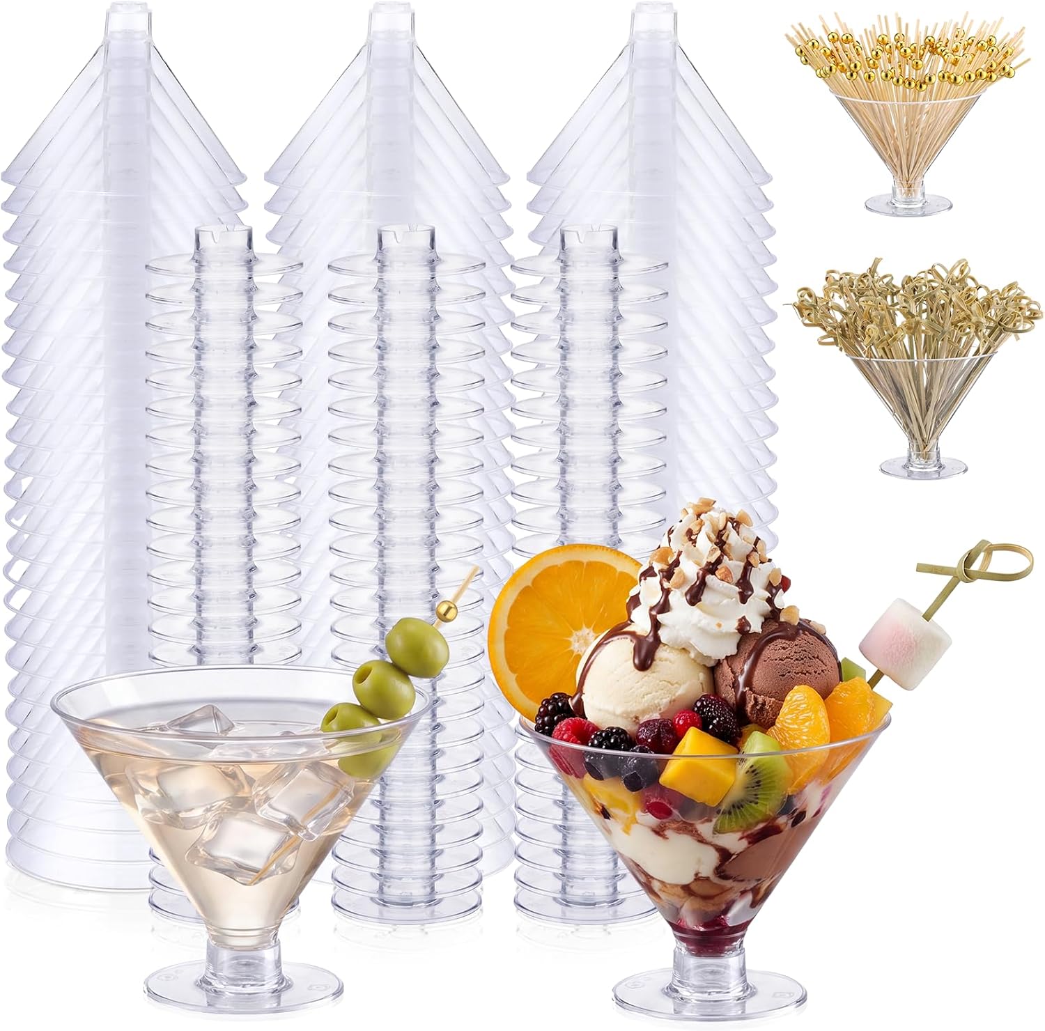 Boao 75 Pack 7 oz Clear Plastic Martini Glasses with 200 Picks,Clear Base