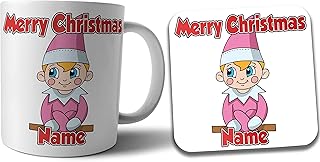 AK Giftshop Personalised Merry Christmas Pink Elf Mug and Coaster Gift Set