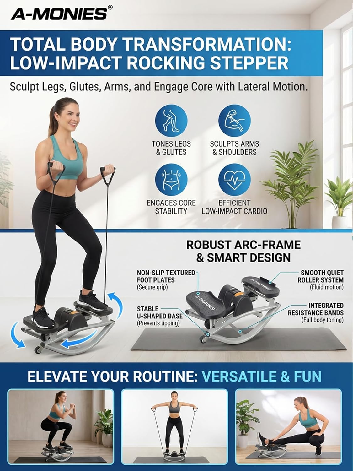 Lateral Rocking Fitness Stepper Home Workout Machine, Low-Impact Lateral Steppers for Knees and Joints, Portable Compact Side-to-Side Steppers for Legs, Glutes, Abs