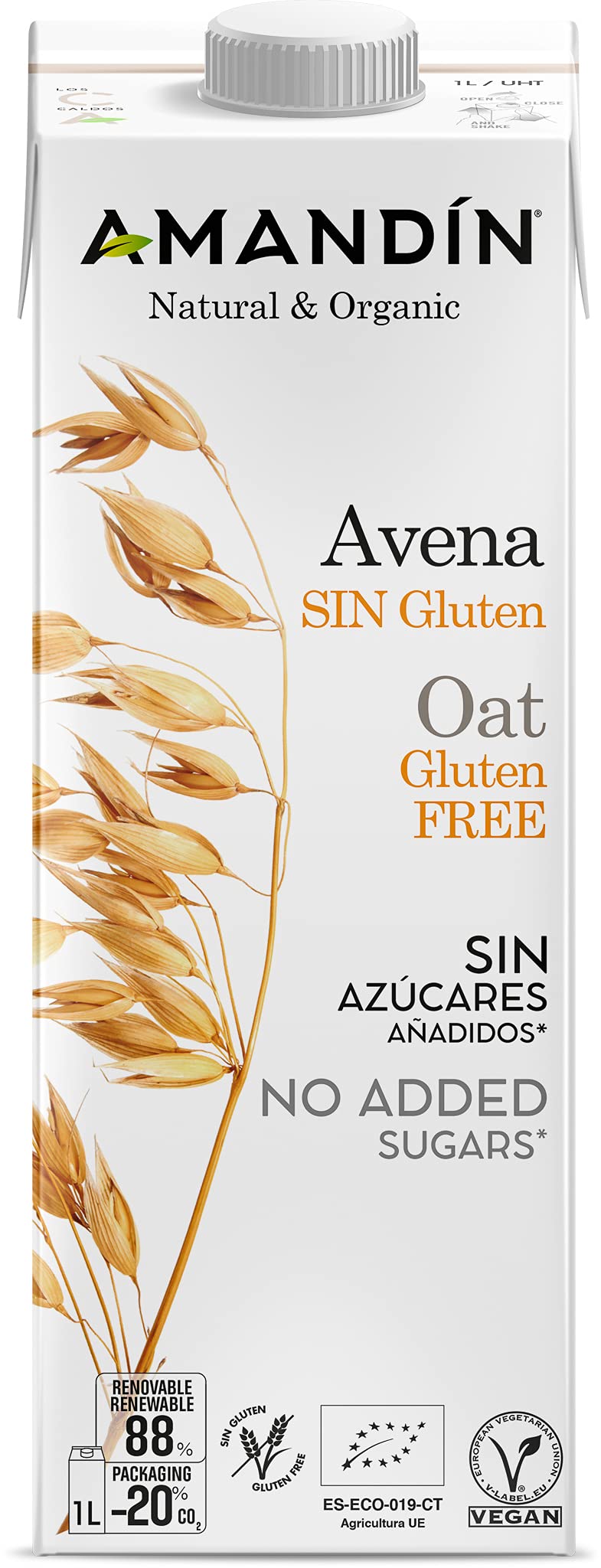 Amandin Bebida Ecológica De Avena Sin Gluten 1 L