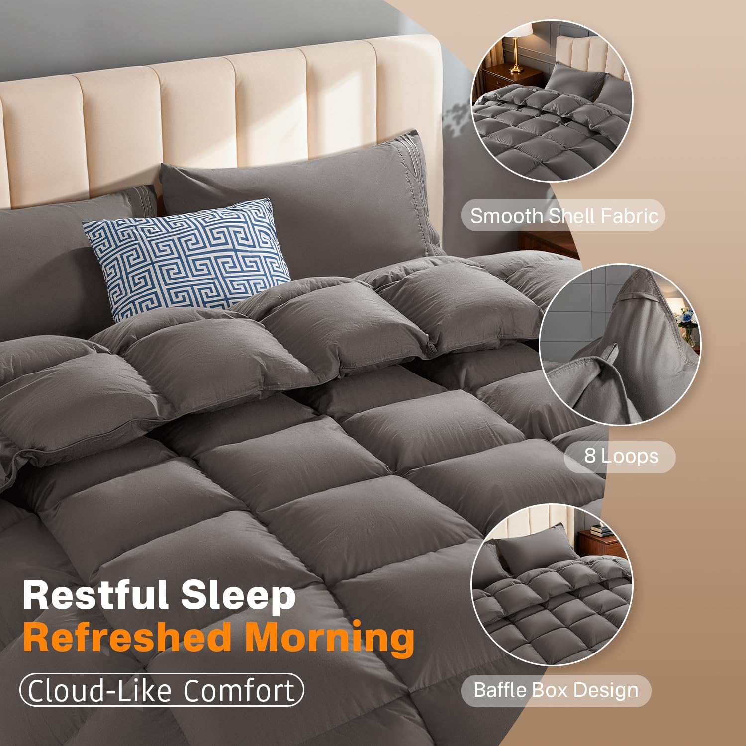 LBRO2M Canadian Luxury Goose Down Comforter Queen Size, 75% Goose Down 850+ Fill Power Duvet with 1200TC 100% Cotton Shell All Season Bedding Comforter, Soft Duvet Insert (90"X90",Dark Gray)
