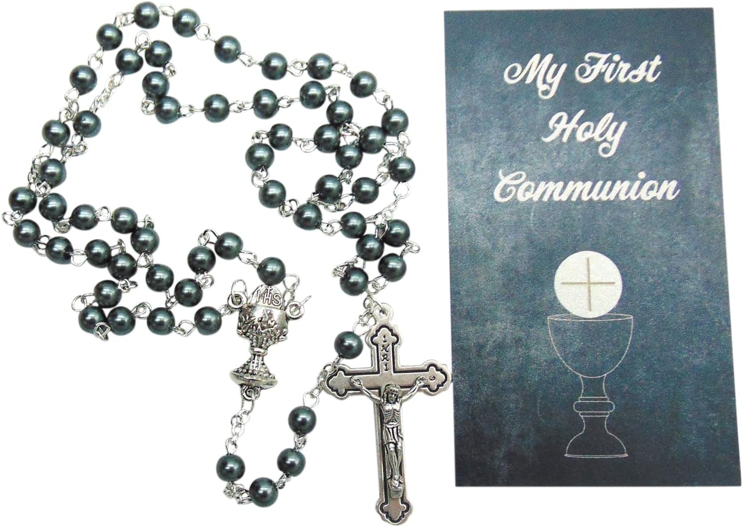 First Communion Rosary Hematite Beads with Metal Crucifix & Center for Him in a Protective Case