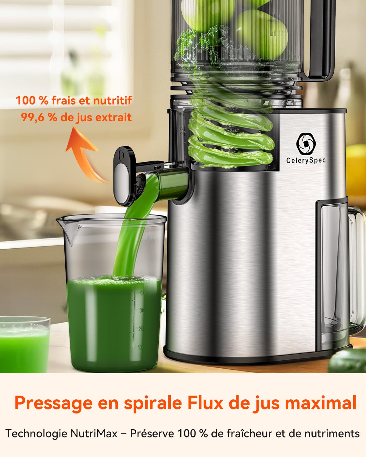 Extracteur de Jus Lent, Centrifugeuse Fruits et Legumes avec Goulotte 130 mm, 1,8L, Slow Juicer Sans BPA, 250W, Nettoyage Facile, Fonction Inverse, Acier Inoxydable Noir