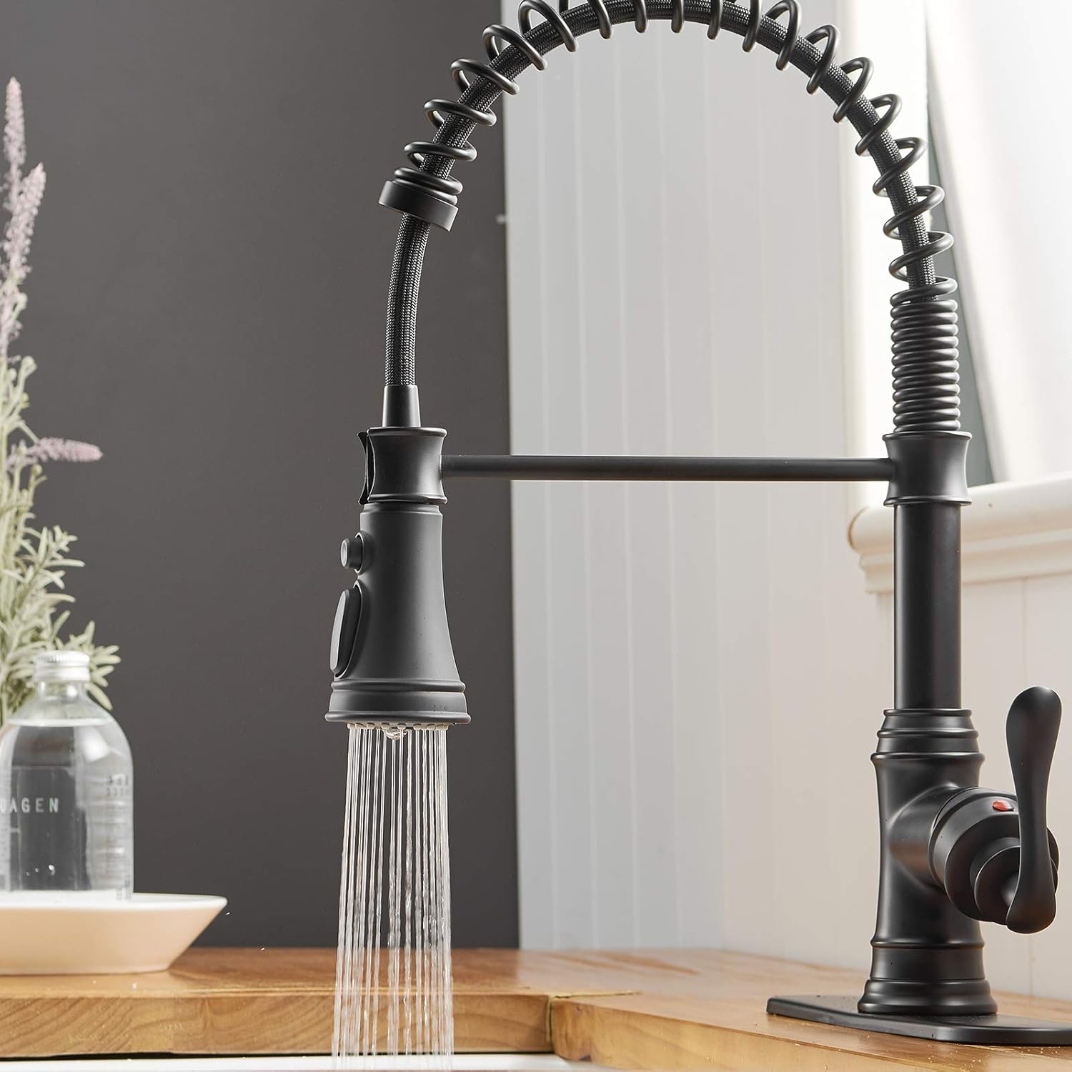 BWE Black Bathroom Faucet Matte Waterfall Farmhouse Vanity Sink Lavatory Single Hole Faucets Bundle with Kitchen Sink Faucet with Deck Plate Matte Black with Pull Down Sprayer 3 Spray Modes