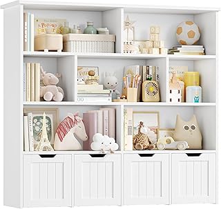 FOREHILL Kids Toy Storage Unit Childrens Bookcase Toy Organiser Kids Bookshelf, 7 Open Shelves, 4 Drawers with Wheels, for Nursery Playroom White 125.5x33x118cm