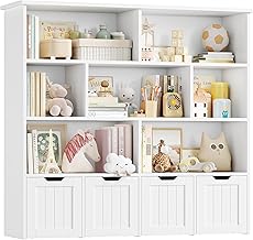 FOREHILL Children's Storage Unit Bookcase with 8 Shelves 4 Rolling Drawers Toy Storage for Children's Bedroom Playroom 125.5 x 33 x 118 cm White
