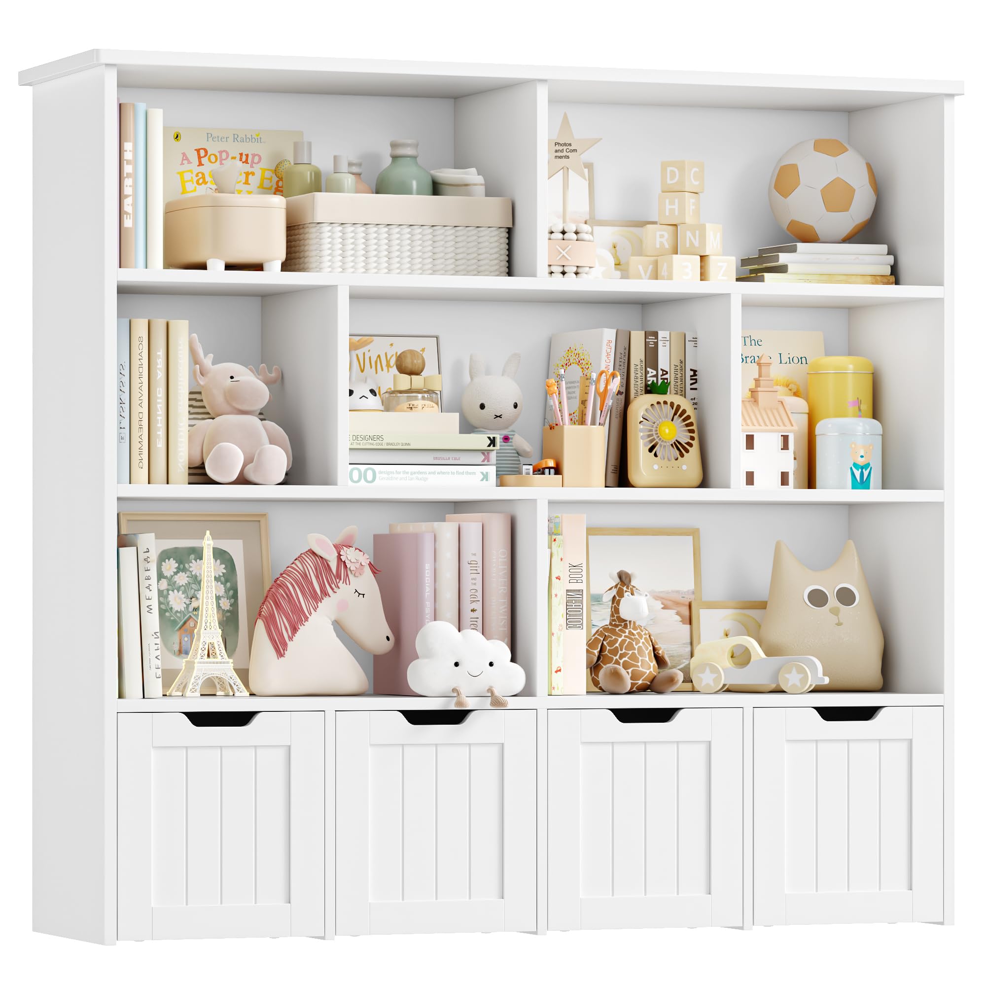 FOREHILL Kinderregal 4 Ebenen, Kinderzimmer Möbel, Bücherregal für Kinder | Kinderschrank mit Boxen auf Rollen, Spielzeug Aufbewahrung für Kinderzimmer, Kindergarten, Leseecke 125,5x33x118cm Weiß
