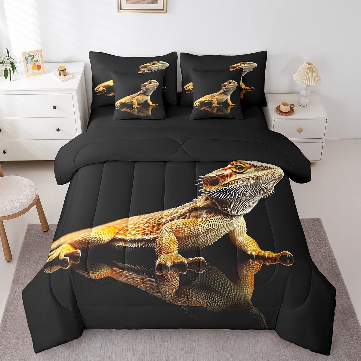 Bearded Dragon Comforter Set 7 Pieces Full Size Wild Lizard Bedding Set for Kids Wildlife Animal Bed in a Bag Women Men Ultra Soft Decor Bed Set with Comforter, Sheets, Pillowcases & Cushion Cover