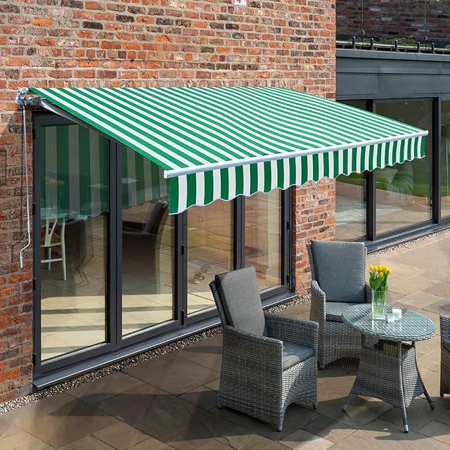 Primrose 3.0m Manual Awning - Green and White Mayfair DIY Patio Awning Gazebo Canopy (9ft 8") Complete with Fittings and Winder Handle
