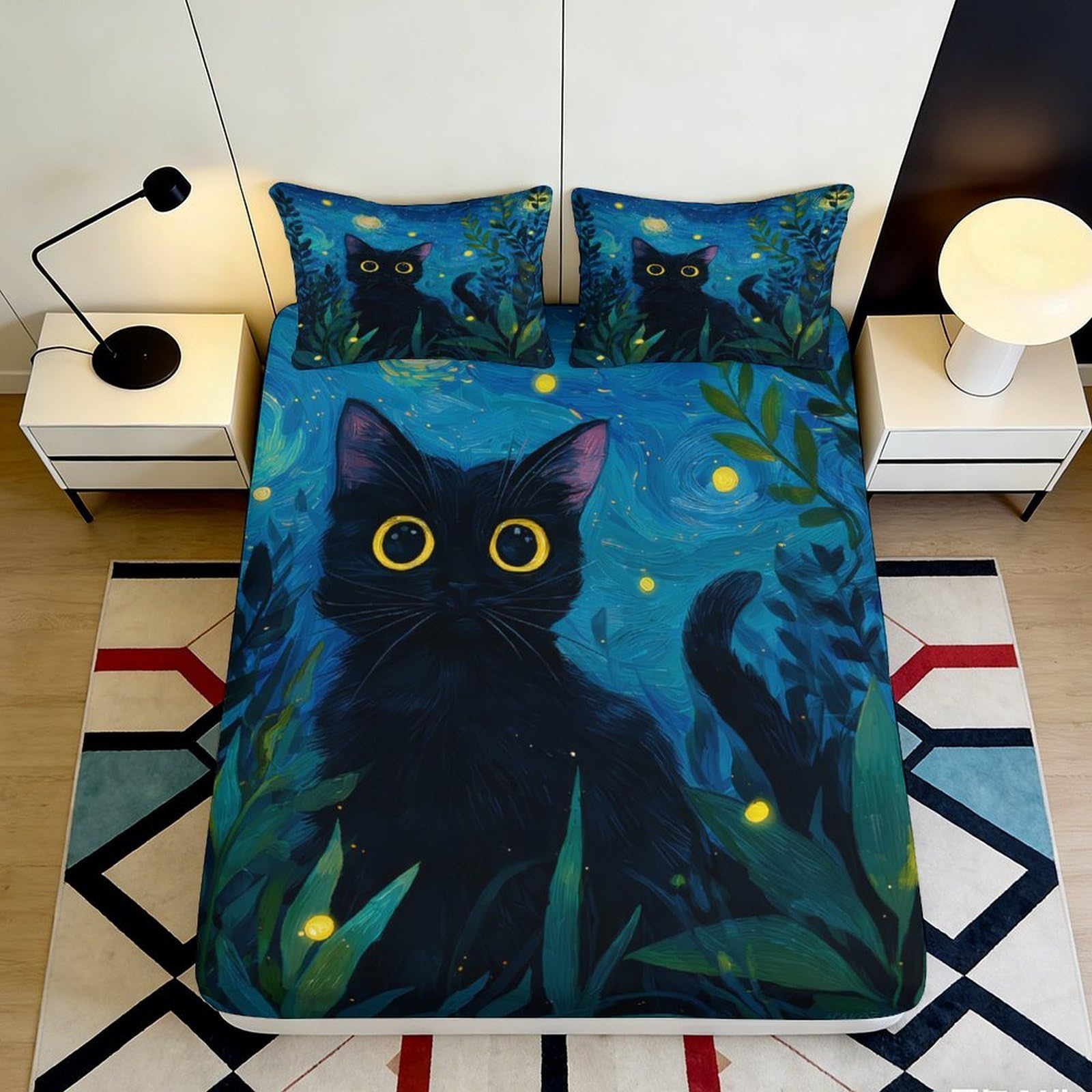 Pnayamiorkfel Style-3 3D Printed Starry Night Black Cat Fitted Sheet Microfiber Soft Mattress Cover For Bedroom Dorm Mattress Protection Artistic Decor 90X200x25cm