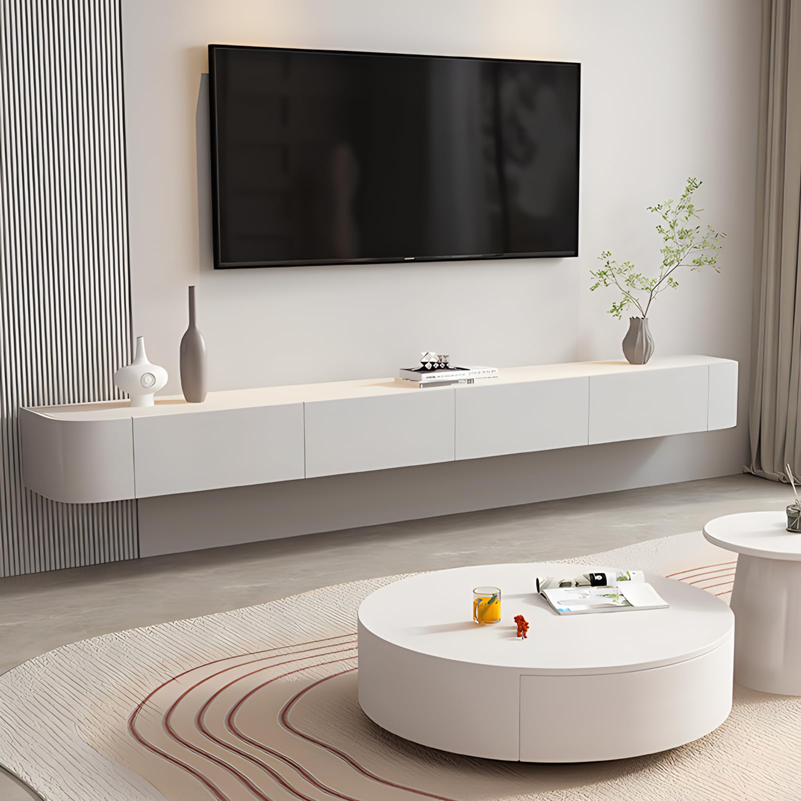 Meuble TV en bois massif 200 cm avec 2 tiroirs et 1 étagère, design mural pour salon, entièrement assemblé, meuble moderne pour divertissement à domicile