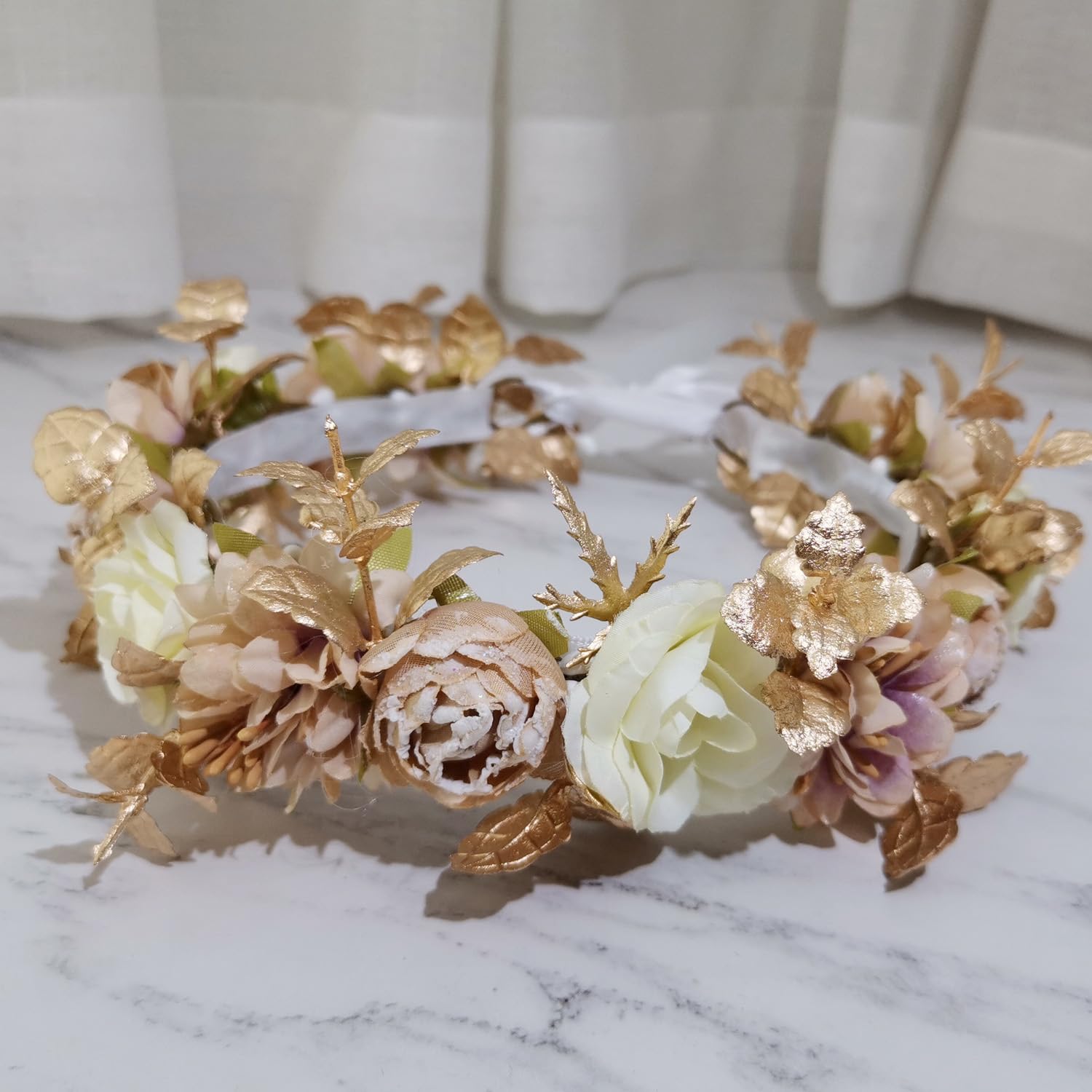 Merroyal Flower Girl Crown Bride Floral Crowns Maternity Bridesmaid Hair Wreath Wedding Photo Props (Ivory Gold Coffee) - Image 3