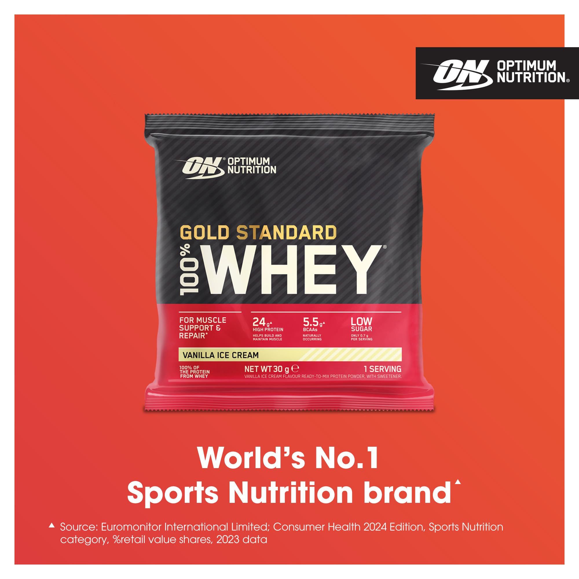 Optimum Nutrition Gold Standard, proteine in polvere al 100% per la costruzione e il recupero muscolare, con glutammina naturale e aminoacidi BCAA, aroma gelato alla vaniglia, confezione da 24, 24 x