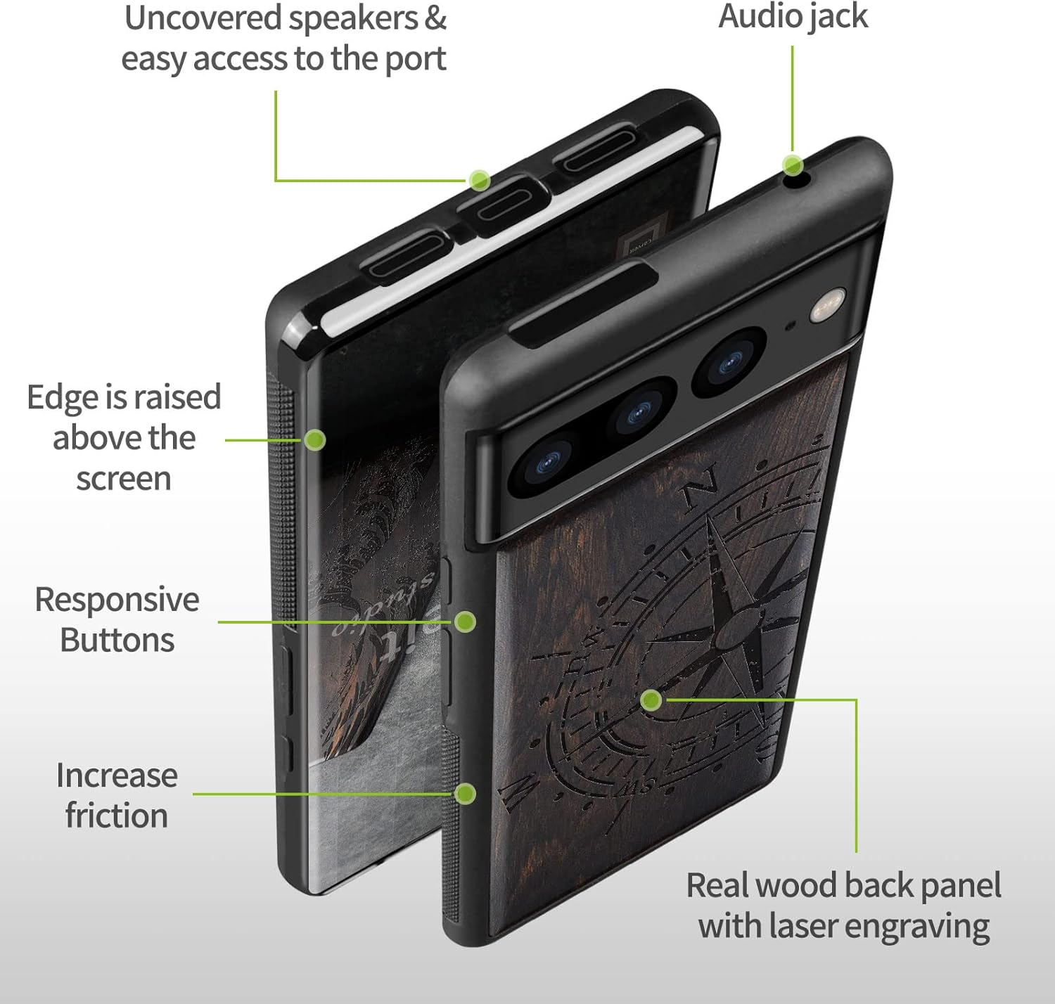 Carveit Wood Case for Google Pixel 7 Pro [Natural Wood & Black TPU] Shockproof Protective Cover (Blackwood, Vintage Compass)