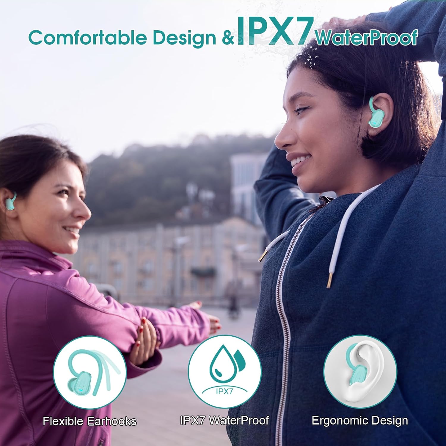 A person wearing Jesebang S75 earbuds with earhooks, demonstrating a secure and comfortable fit during exercise. The image highlights the IPX7 waterproof feature.