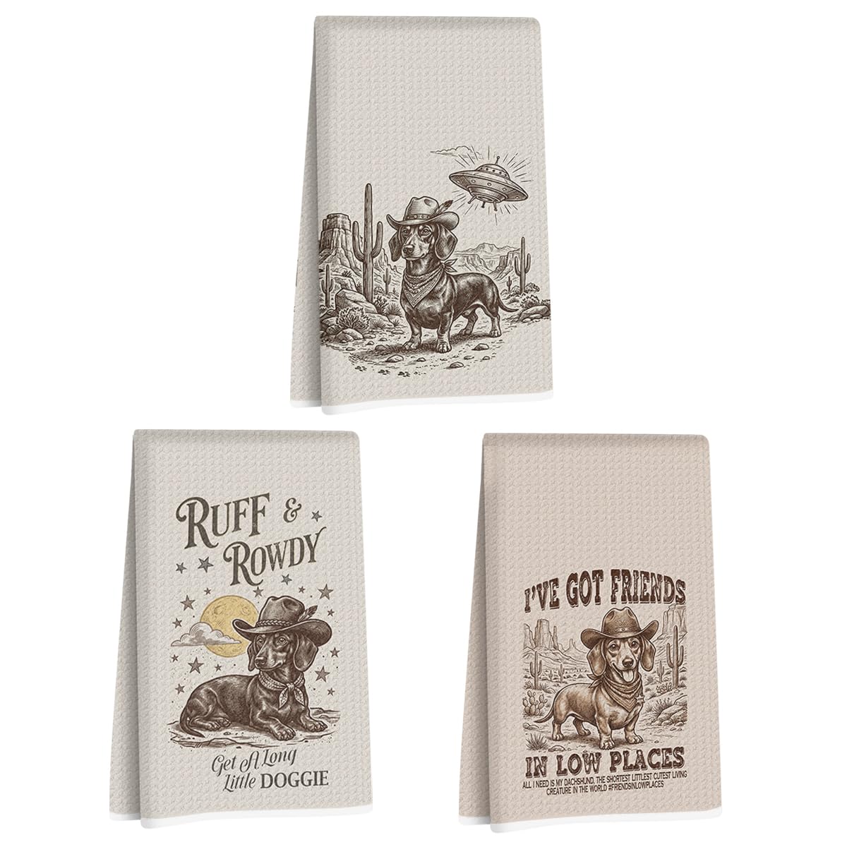 3 Pcs Western Dachshund Kitchen Towels, Weiner Dog Gifts for Women Friend