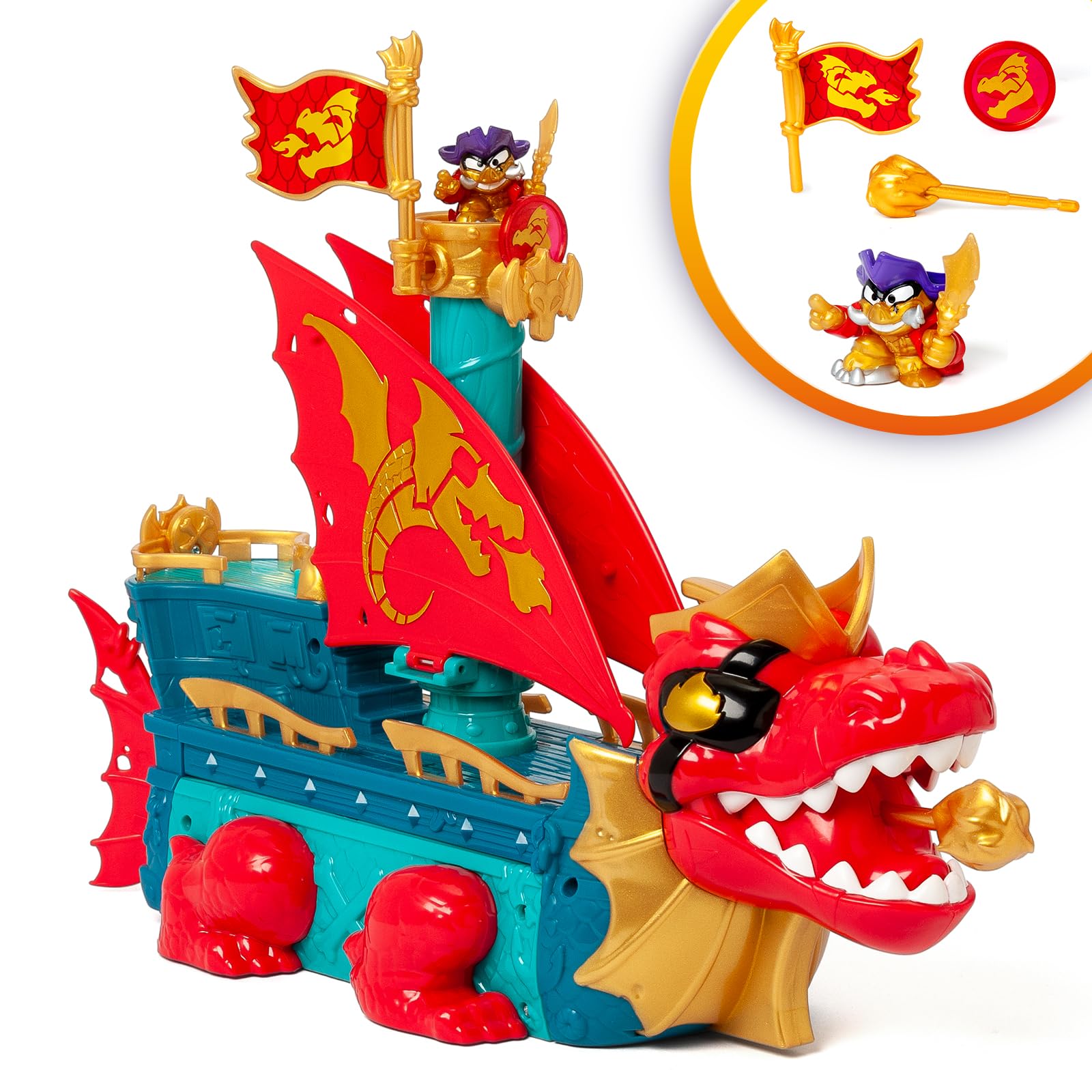 PIRATIX Dragon Ship – Barco Dragón de Piratix Todo Terreno 3 en 1: Tierra, Mar y Aire. Contiene 1 Barco Dragón, 1 Piratix Exclusivo, 1 Tesoro Exclusivo, 1 Bandera y 1 proyectil