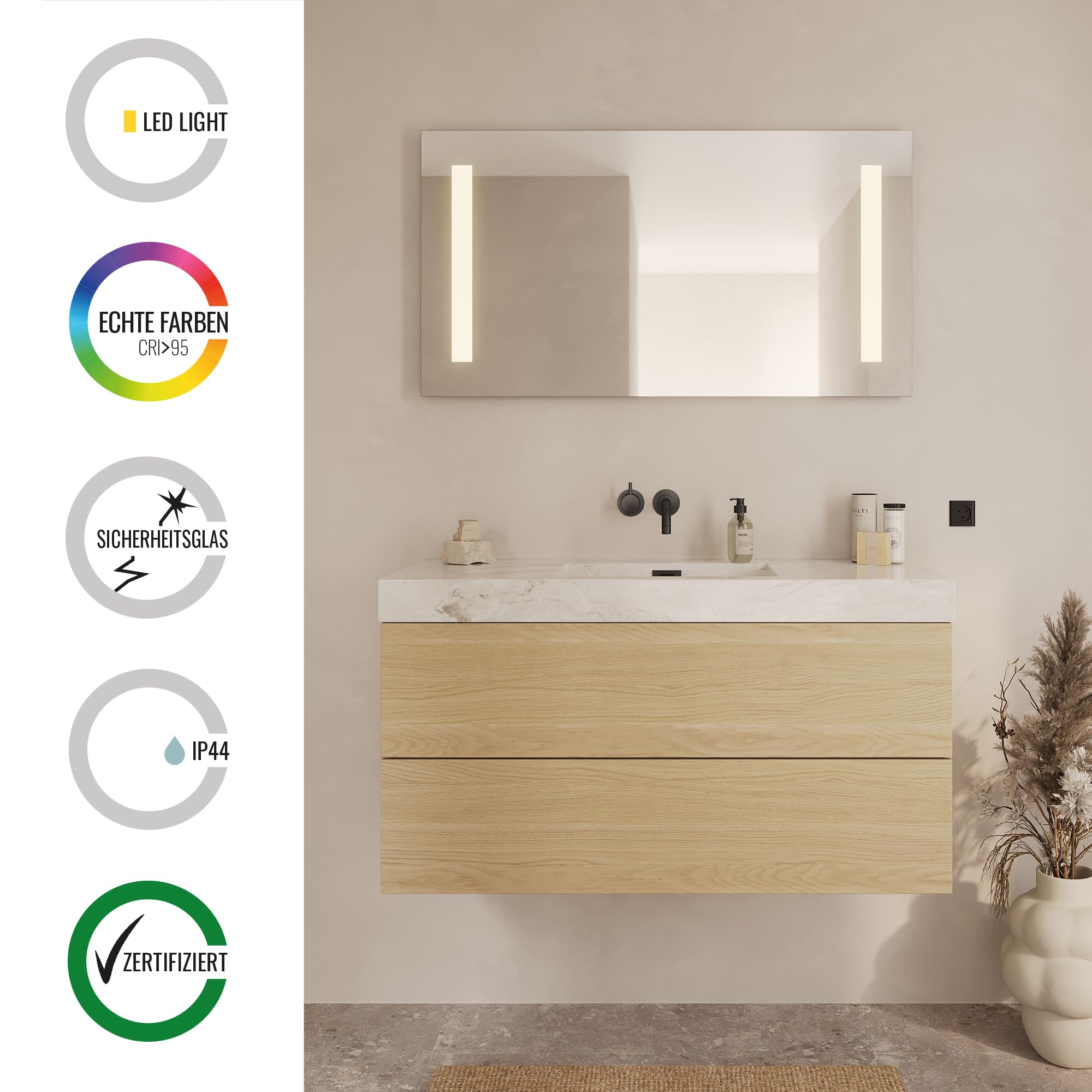 Loevschall Godhavn kwadratowe lustro łazienkowe z oświetleniem LED, z przełącznikiem dotykowym, 120 x 65 cm, regulowane lustro łazienkowe z oświetleniem LED